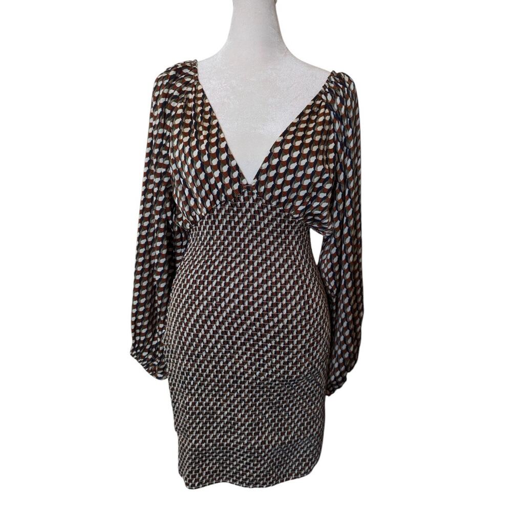 ACOA Balloon Sleeve Fitted Mini Deep V-Neck Dress Small